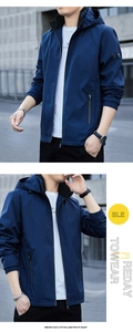 Détail de la veste à capuche bleu marine pour homme avec tissu coupe-vent et zip