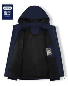 Navy blue jacket interior detail showing breathable black mesh lining and size label