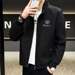 Men's stylish black stand collar jacket with zip front and ribbed cuffs in minimalist style