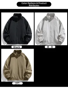 Three color variants of casual men's stand collar jackets in black off-white and khaki