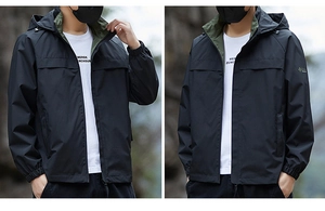 Detail of waterproof outdoor jacket with adjustable hood and green contrast lining