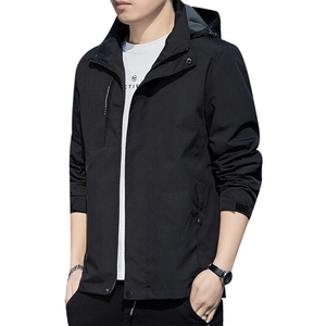Men's black windproof jacket with detachable hood and adjustable cuffs for outdoor wear