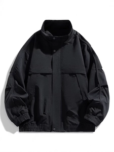 Men's retro black stand collar windbreaker jacket with pleated texture and loose fit