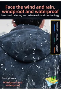 Détail du tissu imperméable d'une veste à capuche avec gouttes d'eau et texture