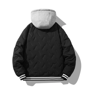 Men's hooded quilted jacket in black and grey with striped ribbed cuffs, back view