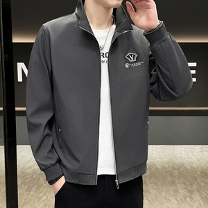 Men's dark gray stand collar jacket with silver fashion logo and ribbed cuffs