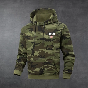 Detail of USA embroidery and camo pattern on heavy fleece hoodie with kangaroo pocket