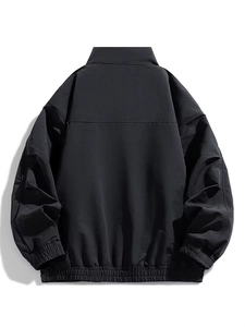Retro black sports jacket with stand collar and oversized back view on white background