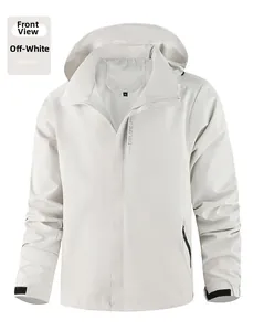 Detail view of cream white outdoor jacket featuring velcro cuffs and EXPLORE chest logo