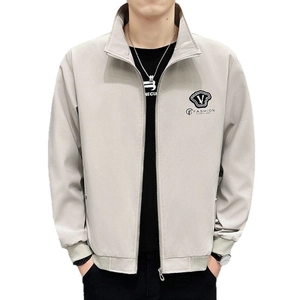 Men's casual light grey stand collar jacket with chest logo and ribbed cuffs