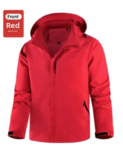 Detail of red waterproof jacket showing drawstring hood, zip pocket, and velcro cuff straps