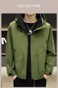 Detail view of army green hooded jacket with dual zipper closure and windproof cuffs