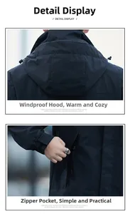 Detail of adjustable windproof hood and side zipper pocket on a men's outdoor jacket