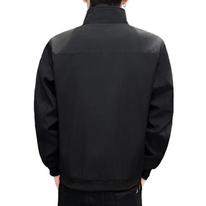 Men's minimalist black stand collar jacket with windproof fabric and ribbed hem back view