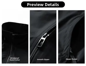 Detail of windproof stand collar, smooth metal zipper and functional pockets on black jacket