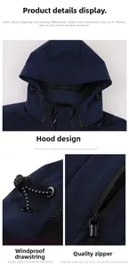 Detail of navy blue windproof jacket featuring adjustable drawstring hood and smooth zipper