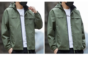 Detail of olive green windbreaker showing adjustable drawstring hood and elastic cuffs