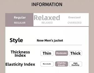Size guide for men's casual jacket showing regular, relaxed, and oversized fit options
