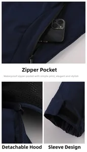 Detail view showing waterproof zipper pocket, detachable hood, and adjustable cuffs