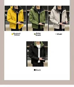 Men's hooded utility jackets shown in ginger yellow, army green, khaki, and black colors