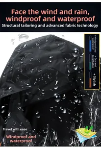 Detail shot of black camouflage jacket with waterproof fabric and beads of water