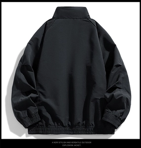 Rear view of black outdoor jacket with stand collar and windproof elastic cuffs