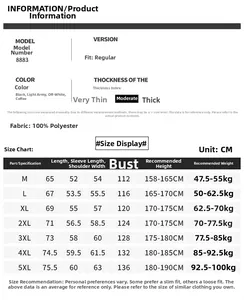 Size chart showing height and weight recommendations for men's outdoor windbreaker jacket