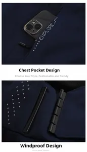 Detail of navy blue waterproof jacket featuring zippered pocket and explore text print