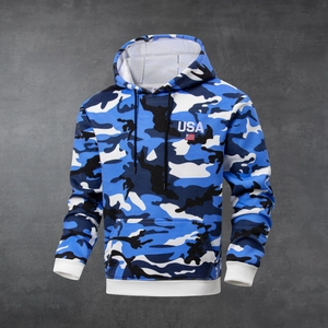 Men's Camouflage Hooded Sweatshirt USA Flag Embroidery Thickened Brushed Pullover Casual Military Style Hoodie For Men