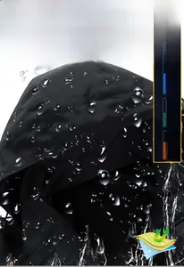 Dettaglio del tessuto impermeabile su giacca nera con gocce d'acqua e trama visibile