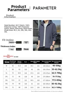 Detailed size chart for men's hooded jacket with measurements from size M to 5XL