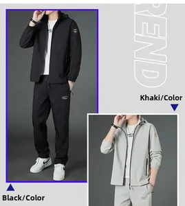 Detail of men's casual tracksuits showing zip jacket and joggers in black and khaki