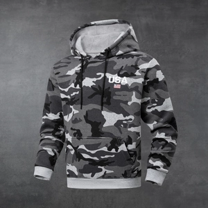 Men's grey camouflage hoodie with USA embroidery and thick fleece lining for winter warmth