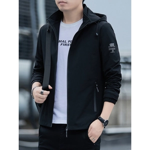 Men's Casual Windproof Jacket Slim Fit Detachable Hooded Fleece Lined Coat Sports Fashion Letter Print Outerwear
