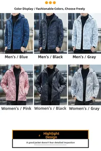 Detailed color display of hooded camo windbreakers in blue, black, grey and pink colors