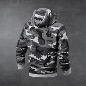 Men's camouflage hoodie featuring classic black and grey camo pattern and warm fleece lining
