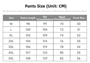 Detailed size chart for men's casual pants showing M to 5XL dimensions in centimeters