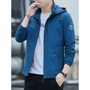 Teal men's slim fit hooded windbreaker jacket with arm patch and zippered pockets