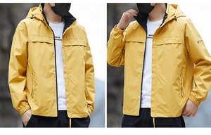 Detail showing yellow waterproof hooded jacket with elastic cuffs and sleeve logo