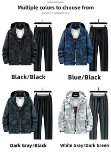 Detailed grid showing men's hooded camouflage windbreaker and joggers in four color sets