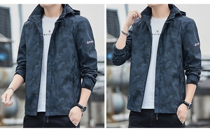 Détails du coupe-vent camouflage bleu montrant le tissu imperméable et les poignets
