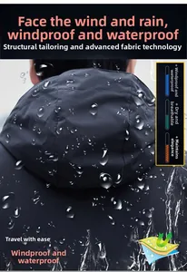 Macro shot of water droplets on waterproof functional fabric of a hooded outdoor jacket
