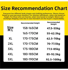 Size chart for men's casual sportswear set with measurements from M to 5XL for perfect fit