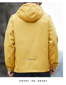 Back view of yellow waterproof hooded jacket for men with adjustable elastic cuffs
