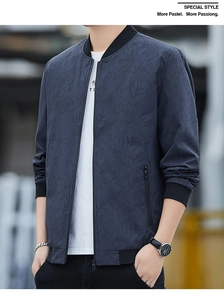 Close-up of men's slim fit bomber jacket featuring dark floral leaf pattern and ribbed collar