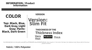 Detailed fabric chart showing 100% polyester material and fit specifications for men's suit