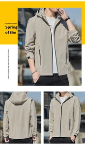 Detailed views of a men's light beige windbreaker jacket with adjustable drawstring hood