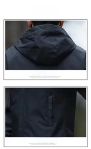 Detail view of windproof hooded outdoor jacket with functional zippered side pockets