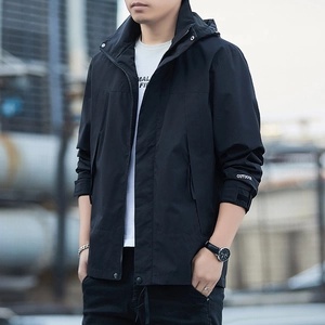 Men Polyester Outdoor Hooded Windbreaker Jacket Casual Patchwork Contrast Color Waterproof Sporty Zipper Pocket Coat Top