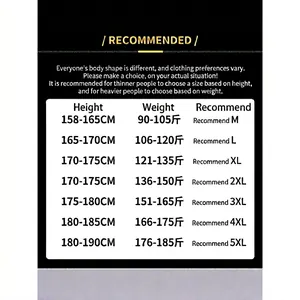 Size recommendation chart for men's hooded jacket covering sizes M to 5XL and height ranges